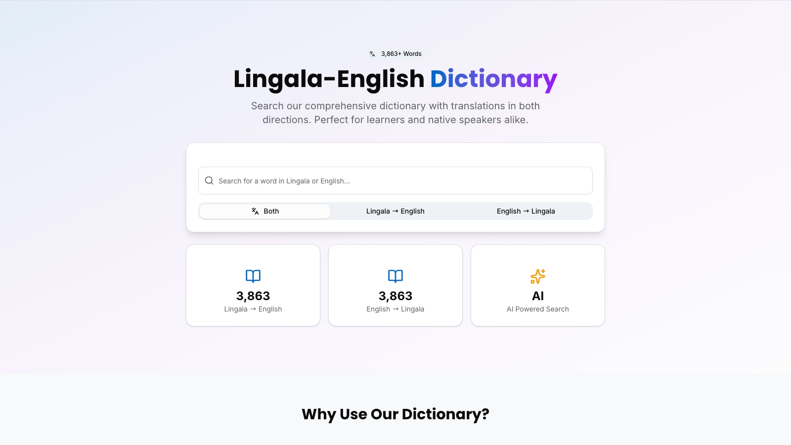 Lingala dictionary search results inside the platform