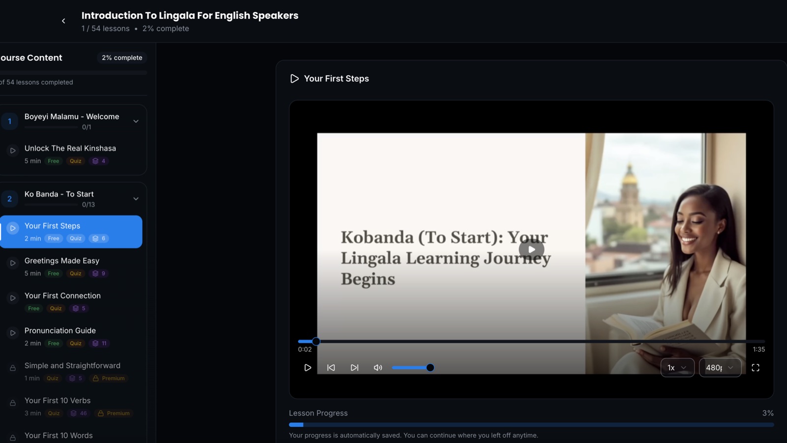Lingala lesson player showing the course sidebar and a video lesson titled Kobanda - Your Lingala Learning Journey Begins