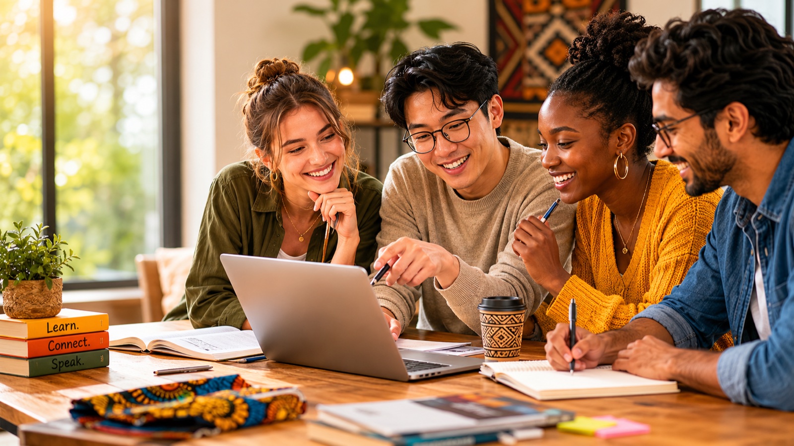 Four learners studying Lingala together around a laptop, with workbooks labelled Learn, Connect, and Speak